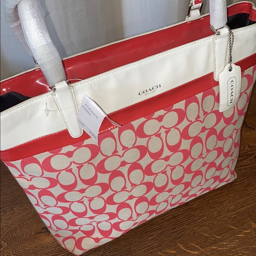 Coach Red and White Signature Tote Bag